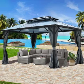 10’ X 13’ Hardtop Gazebo with Curtains and Netting, Double Roof Outdoor Gazebo with Polycarbonate Canopy, Aluminum Frame Permanent Gazebo for Patio Garden