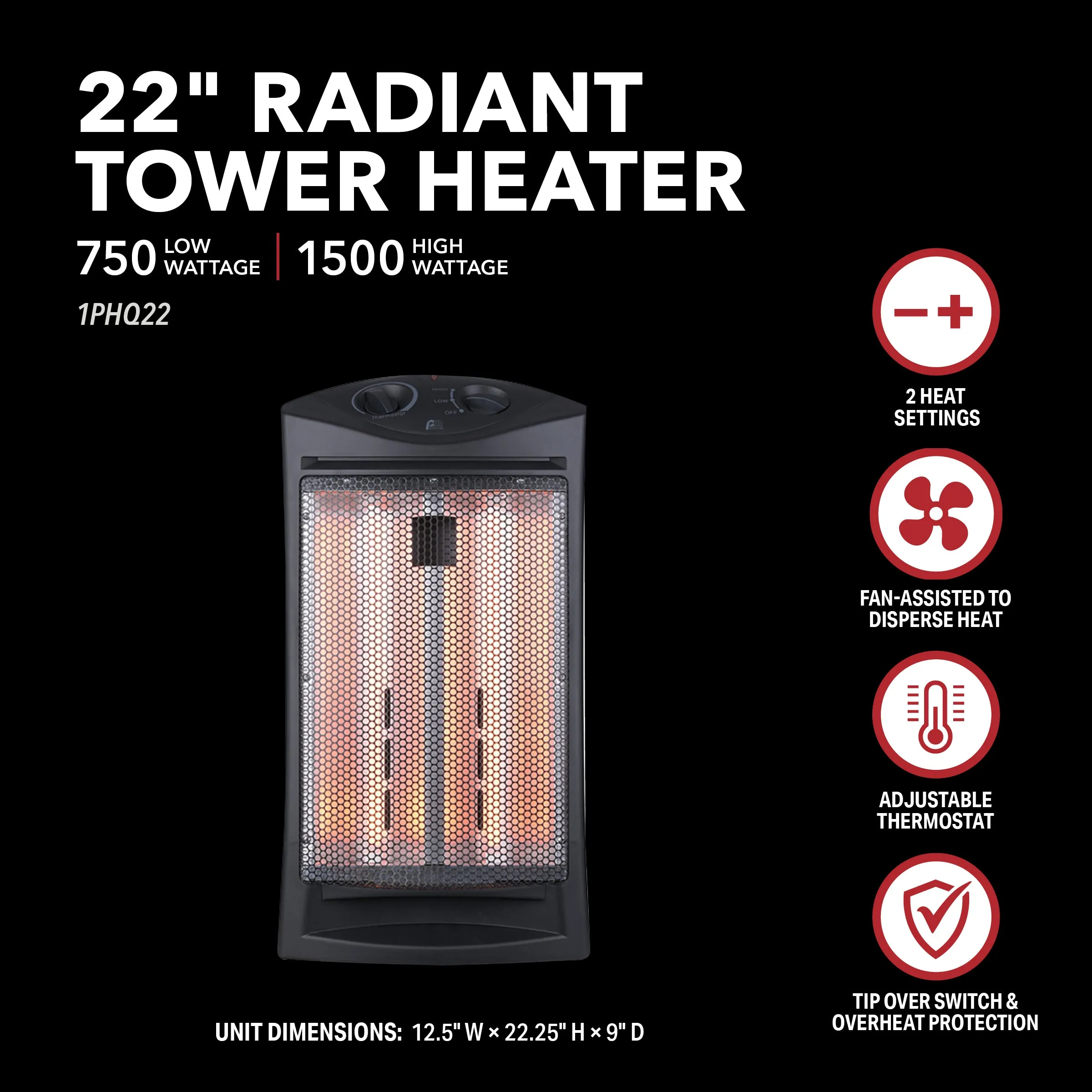 1500/750W Infrared Radiant 22" Tower Heater, Black