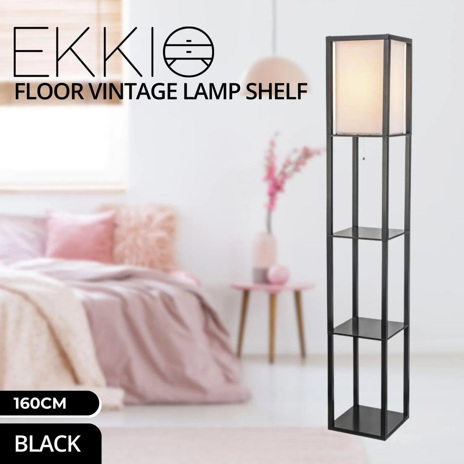 160CM Black Floor Lamp Shelf w/ Storage & Vintage Switch Ekkio