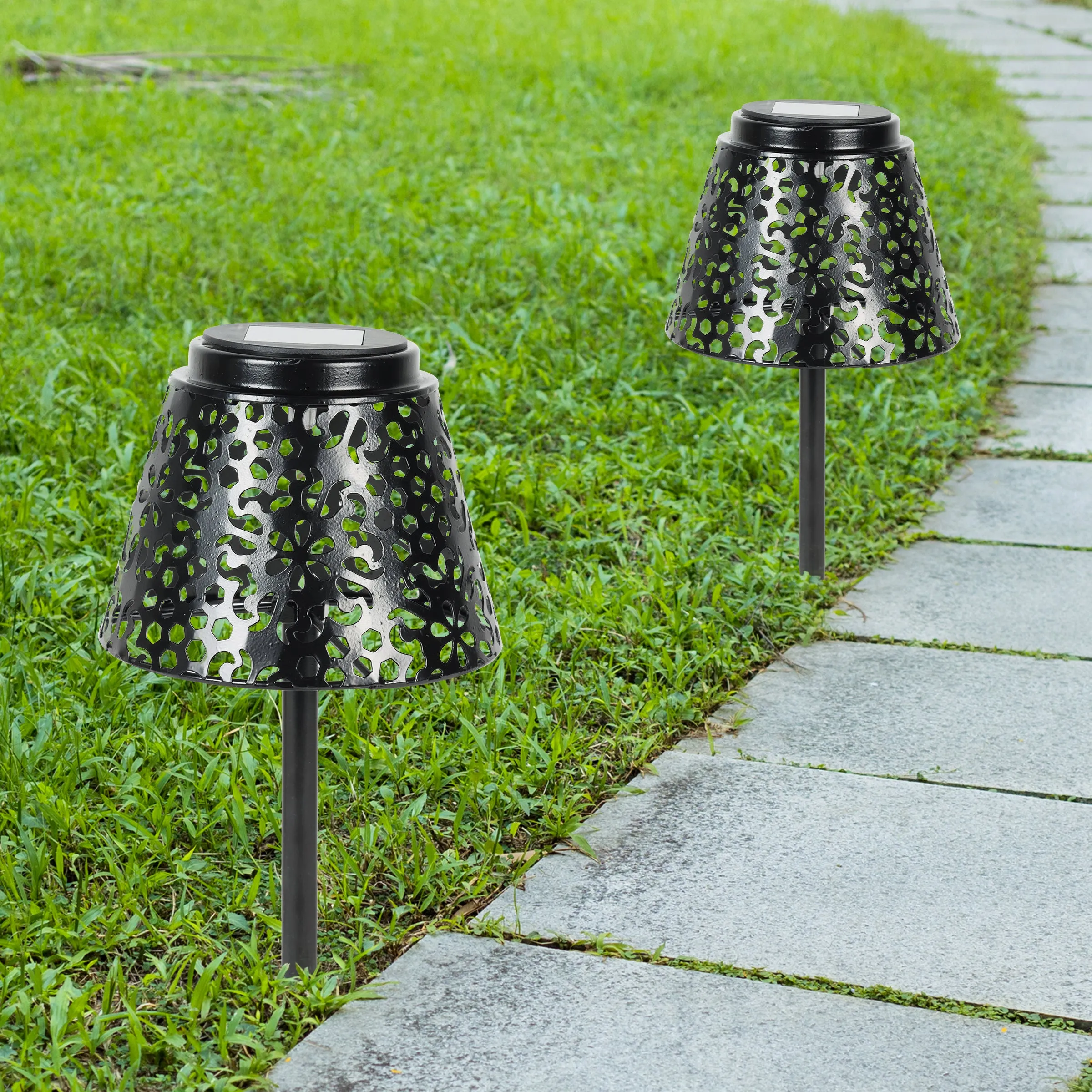 2 Piece Solar Black Stamped Metal Pathway Garden Stakes, 6 by 12 Inches