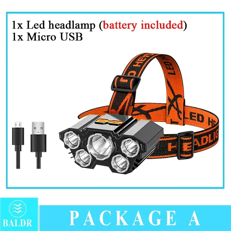 5LED Headlamp Rechargeable With Built In 18650 Battery Strong Light Long Range Torch Outdoor Camping Adventure Fishing HeadLight