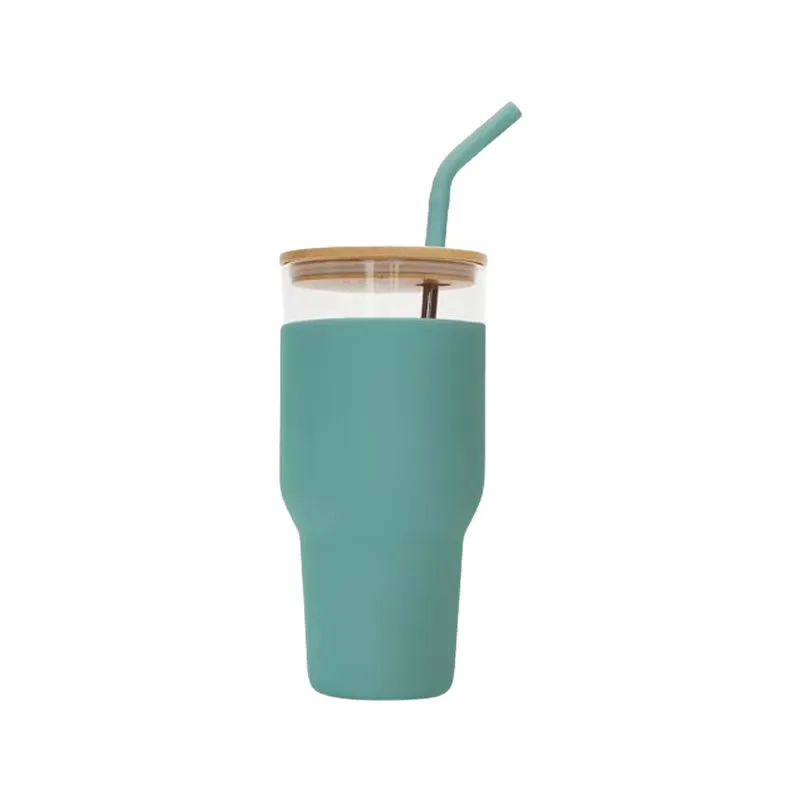 900Ml Borosilicate Glass Cup With Lid And Straw If-97 Green