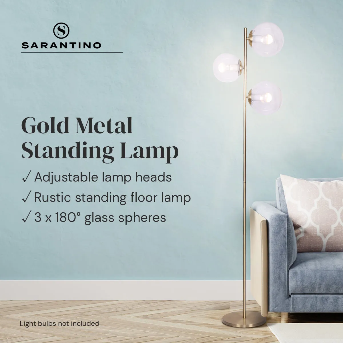 Adjustable 3-Light Gold Floor Lamp with Glass Shades