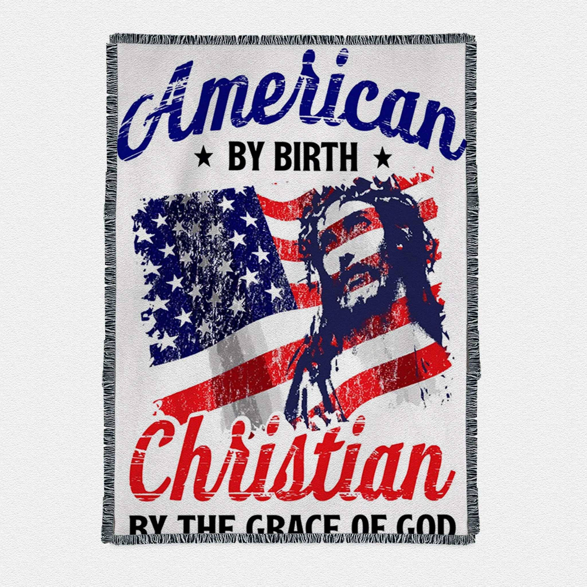 American By Birth By The Grace Of God Woven Throw Boho Blanket - Christian Boho Blanket Decor - Religious Woven Throw Blanket Prints