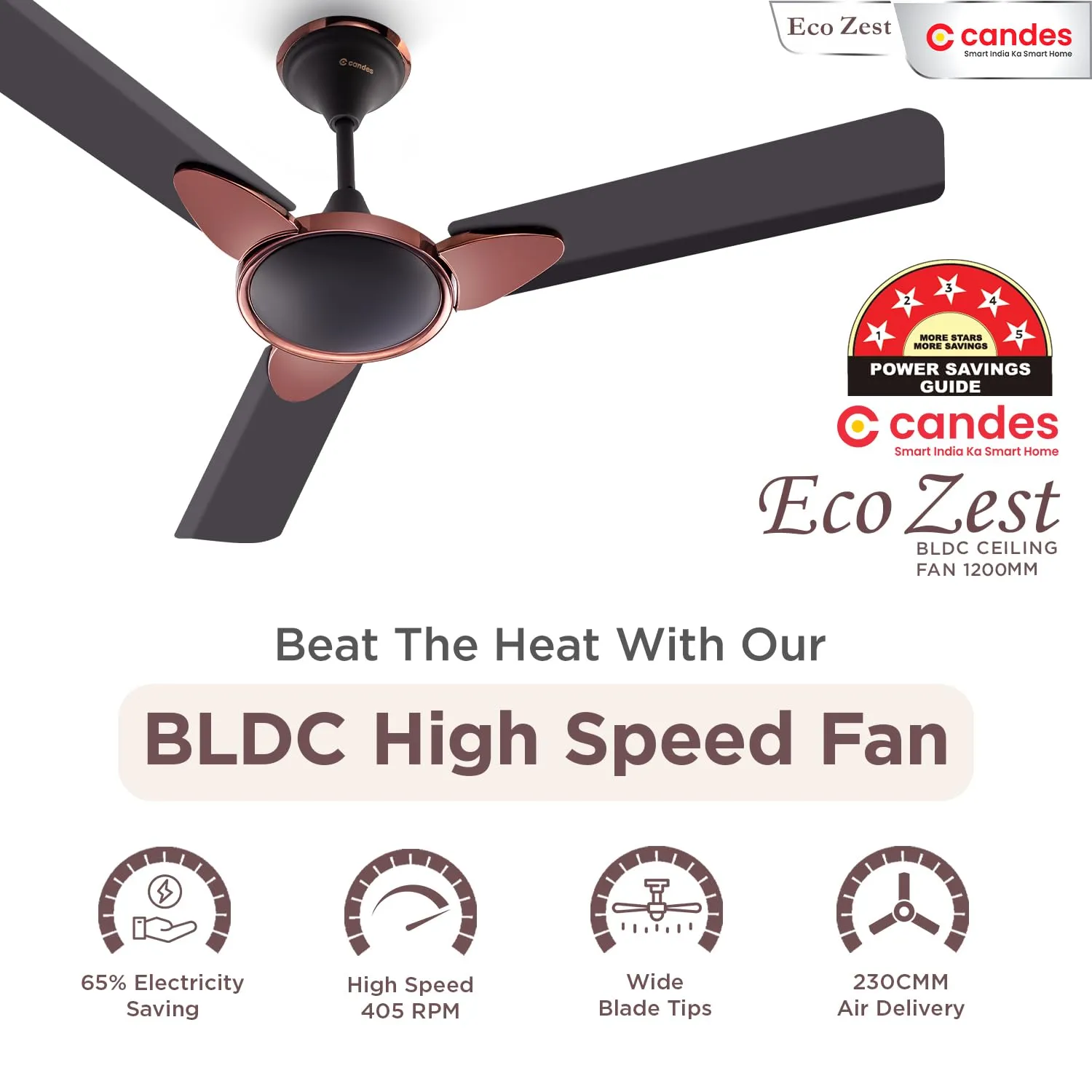 Candes Eco Zest BLDC Ceiling Fan 1200mm / 48 inch | BEE 5 Star Rated, Upto 65% Energy Saving, High Air Delivery & High Speed Ceiling Fans for Home | 2 1 Years Warranty | Coffee Brown