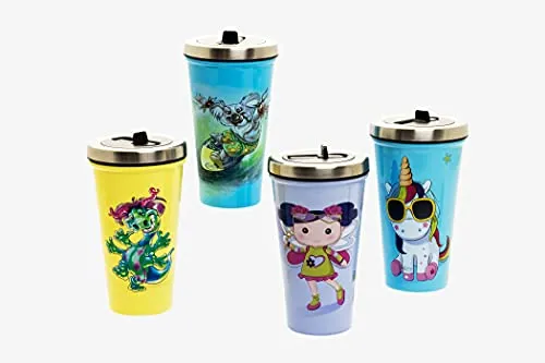 Fairy Kids Cups With Straws 16oz Screw Spill Proof Lid Silicone Tip Stainless Steel