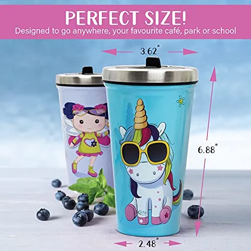 Fairy Kids Cups With Straws 16oz Screw Spill Proof Lid Silicone Tip Stainless Steel