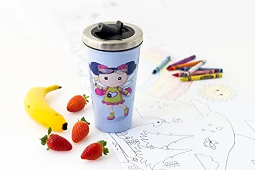 Fairy Kids Cups With Straws 16oz Screw Spill Proof Lid Silicone Tip Stainless Steel