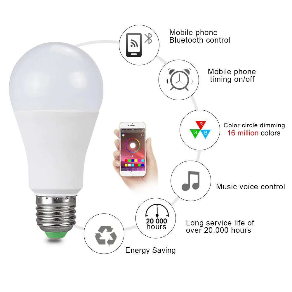 Foxanon Bluetooth 4.0 Led RGB Bulb Lights E27 15W LED Lamp Light RGBW RGBWW Magic Smart Lighting Lamp Dimmable APP Sound Control