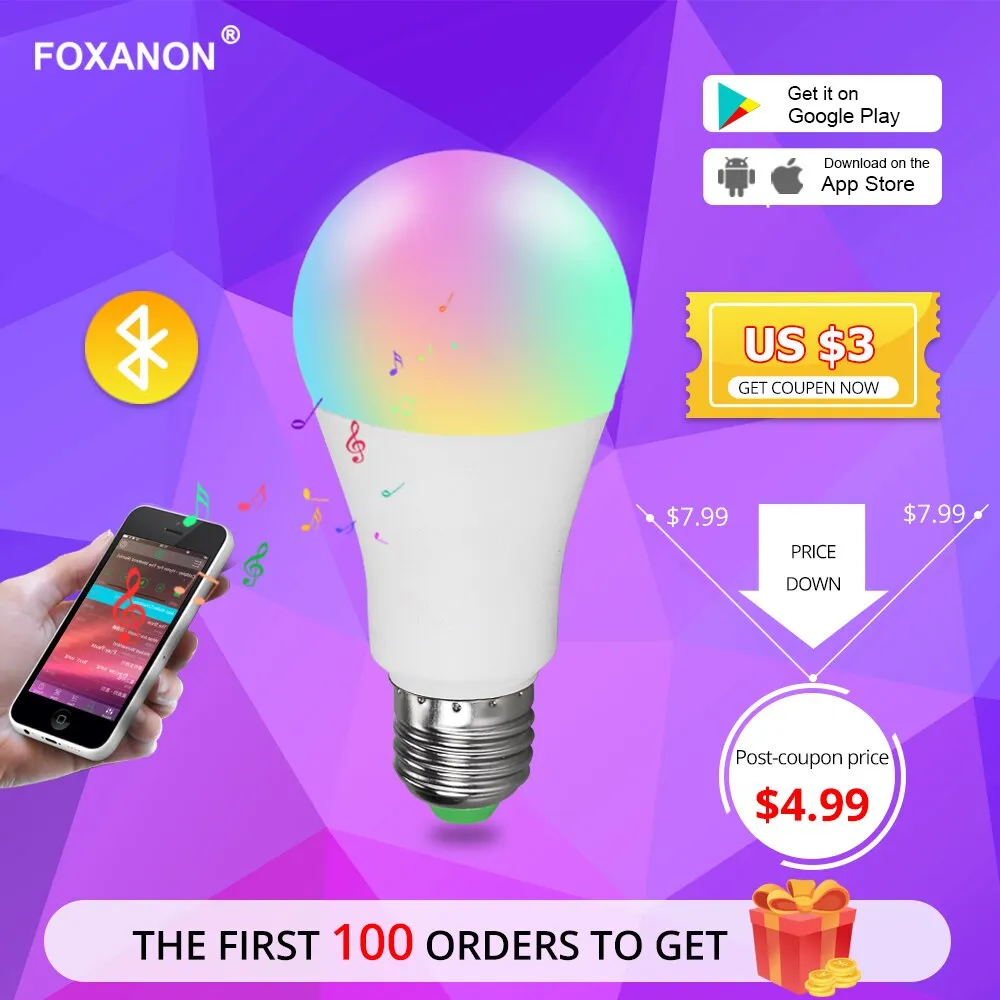 Foxanon Bluetooth 4.0 Led RGB Bulb Lights E27 15W LED Lamp Light RGBW RGBWW Magic Smart Lighting Lamp Dimmable APP Sound Control