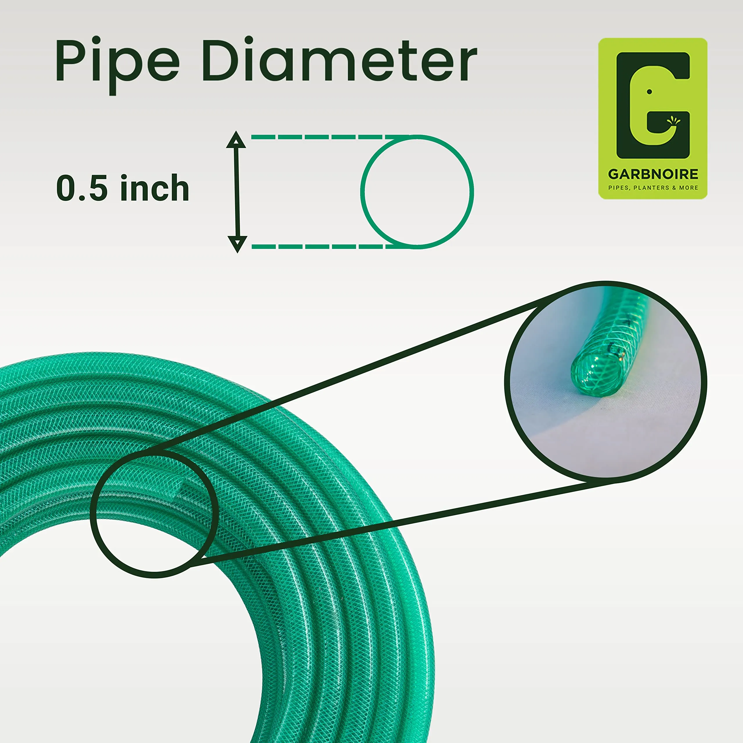 Garbnoire 15m 0.5 inch PVC Heavy Duty Braided Green Garden Pipe | Lightweight, durable & flexible garden hose with garden accessories like hose connector, clamps & spray gun | For outdoor-indoor use