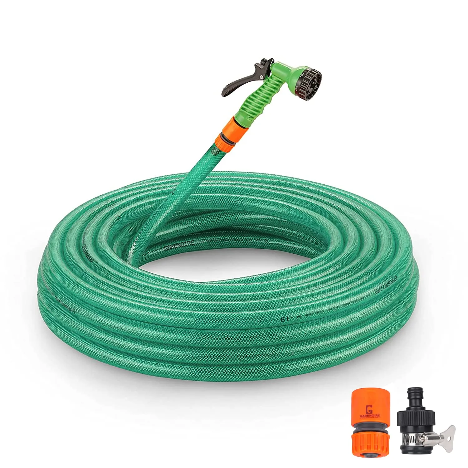 Garbnoire 15m 0.5 inch PVC Heavy Duty Braided Green Garden Pipe | Lightweight, durable & flexible garden hose with garden accessories like hose connector, clamps & spray gun | For outdoor-indoor use