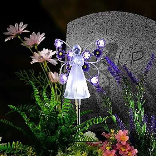 GIGALUMI Solar Angel Garden Stake Lights - 2 Pack Angel Solar Lights Outdoor Garden, Eternal Light Angel with 7 LEDs for Cemetery Grave Decorations, Memorial Gift, Christmas Yard Art, Sympathy Gifts