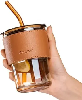 Glass Sipper with Straw & Lid 435 Ml,Glass Cup with Leather Sleeve Straw & Direct Drinking Mouth,Summer Travel Mug Leak Proof Lid Tumbler Coffee,Tea, Juice, Milk Beverages Mug for All