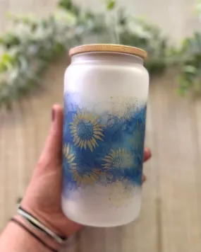 gold foil sunflower | 16oz frosted glass can