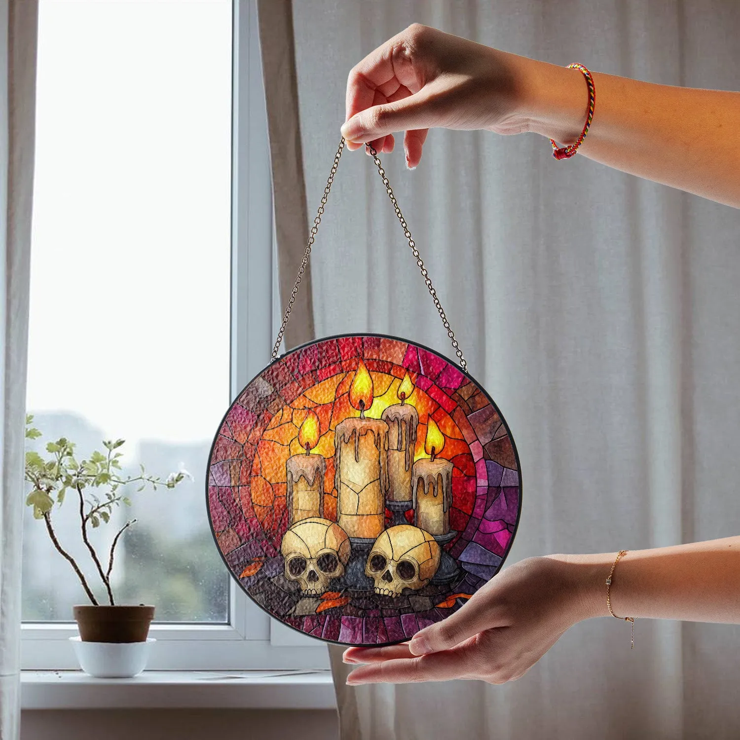 Halloween Stained Glass Suncatcher Collection | Decorative Window Hanging | 2 Sizes | Holiday Decor Accents | Candles and Skulls