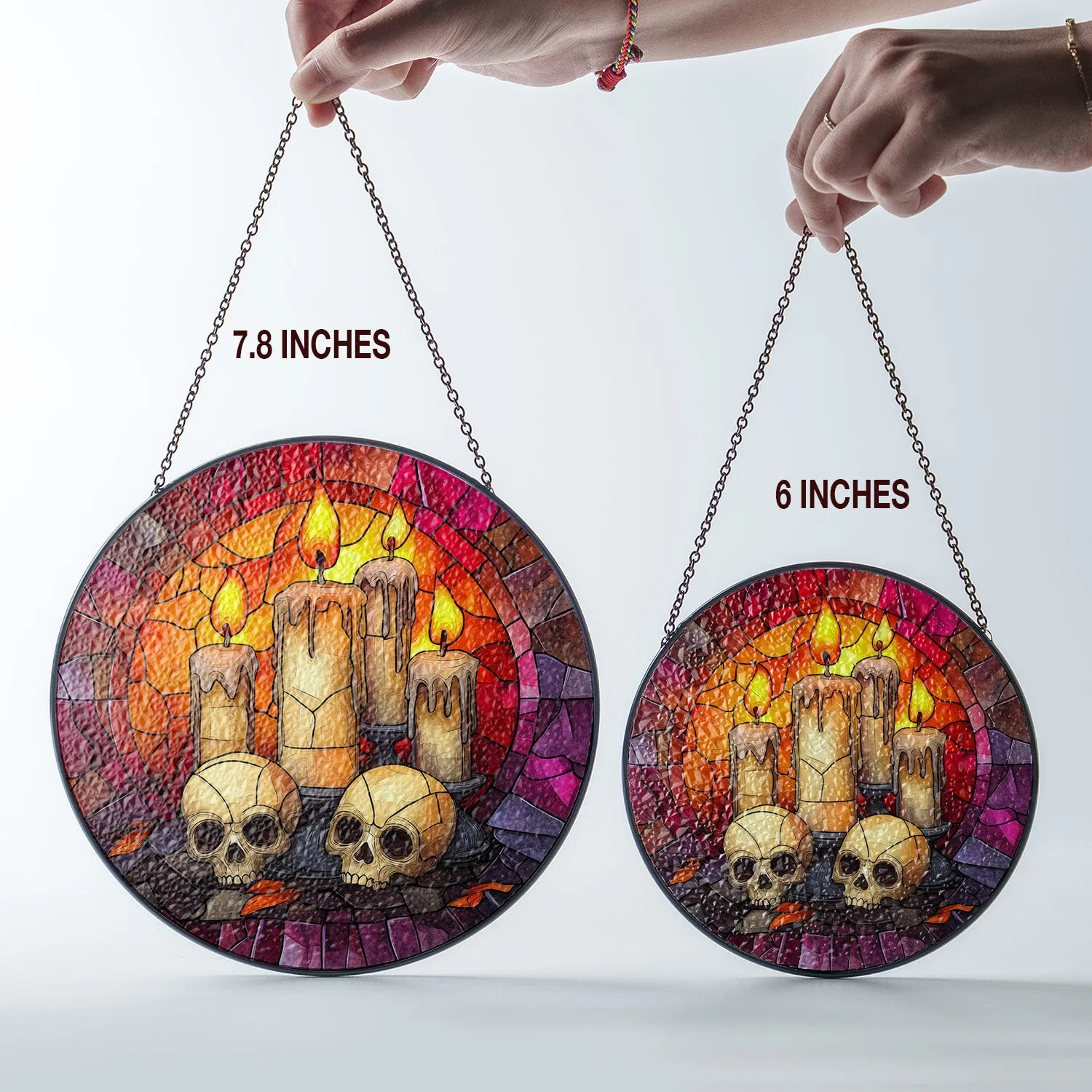 Halloween Stained Glass Suncatcher Collection | Decorative Window Hanging | 2 Sizes | Holiday Decor Accents | Candles and Skulls