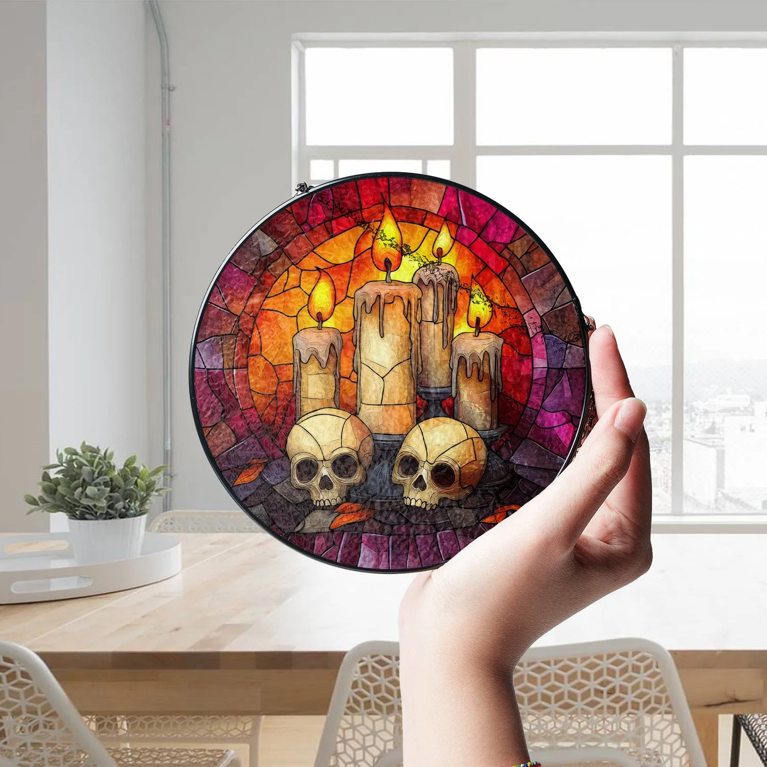 Halloween Stained Glass Suncatcher Collection | Decorative Window Hanging | 2 Sizes | Holiday Decor Accents | Candles and Skulls