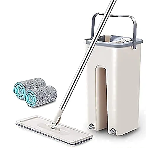 Heavy Quality Floor Mop with Bucket, Flat Squeeze Cleaning Supplies 360° Flexible Mop Head/2 Reusable Pads Clean Home Floor Cleaner Wipes