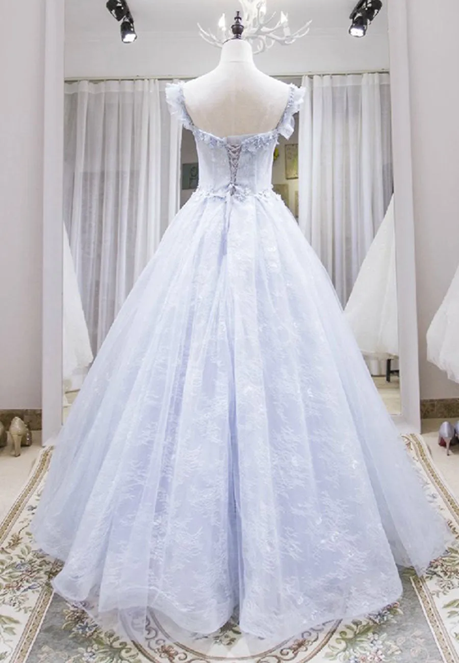 Light Blue Tulle Lace Long Prom Dress A-Line Graduation Dress