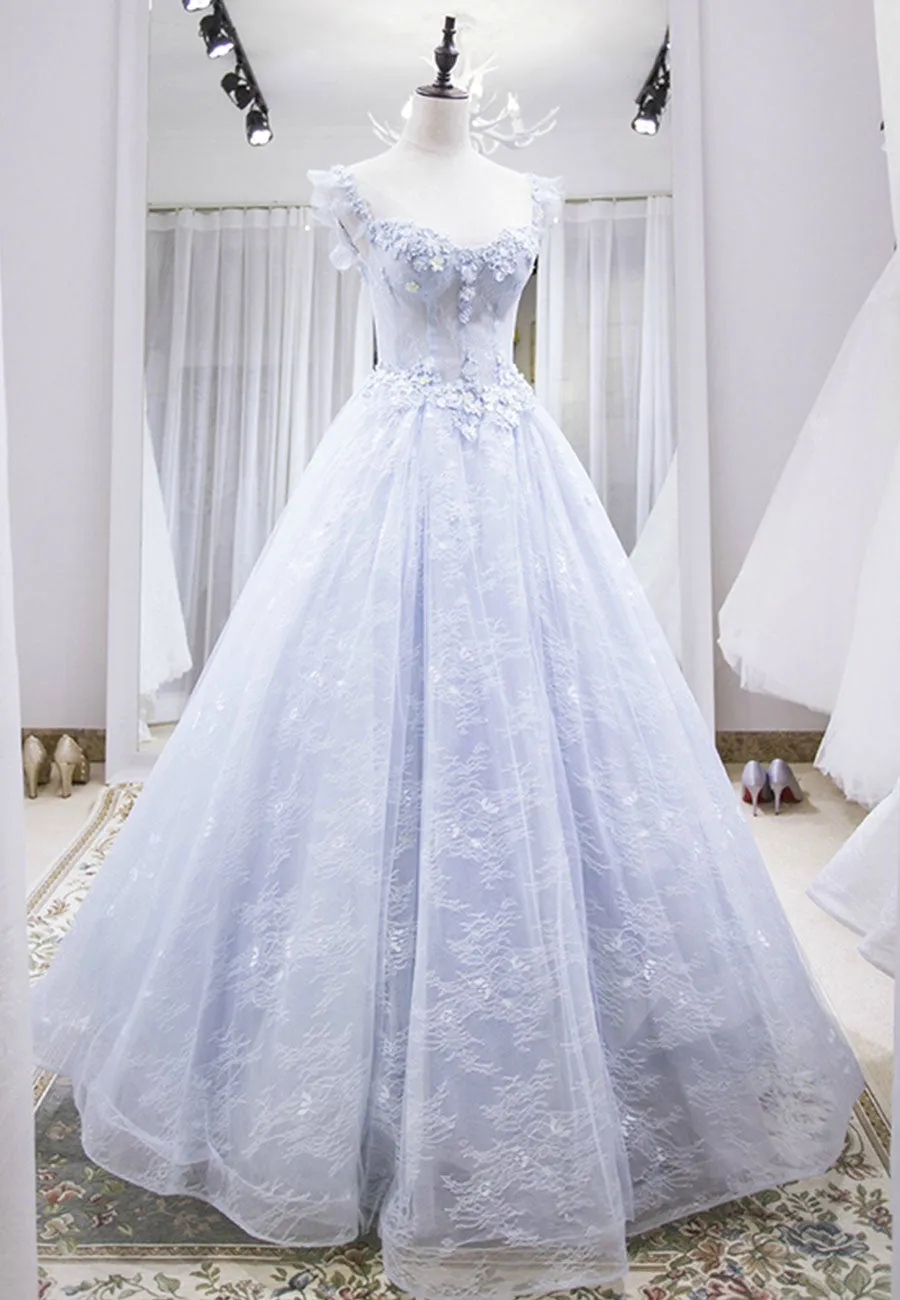 Light Blue Tulle Lace Long Prom Dress A-Line Graduation Dress