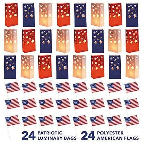 Live It Up! Party Supplies Patriotic Luminary Bags & American Flags for 4th of July Decorations, Military Welcome Home Parties and More (48 Decorations Total)