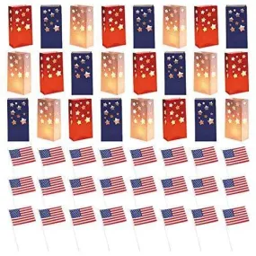 Live It Up! Party Supplies Patriotic Luminary Bags & American Flags for 4th of July Decorations, Military Welcome Home Parties and More (48 Decorations Total)