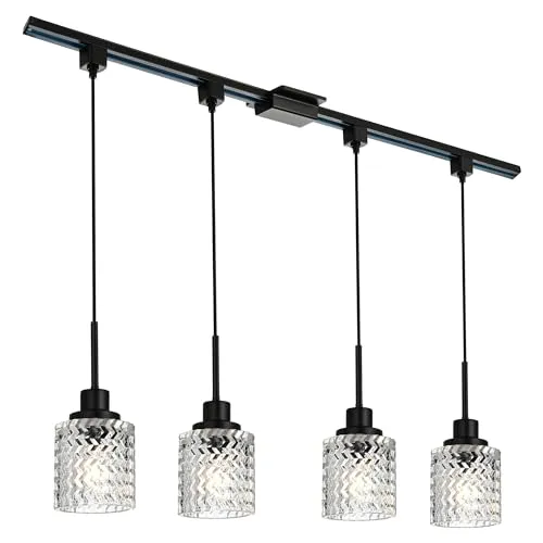 MELUCEE 4 Pack H-Type Track Pendant Light Black Track Ceiling Light Hanging with Hammered Glass Shade, 39.4 Inches H Type Track Lighting Rail and H Track Floating Canopy Connector Included