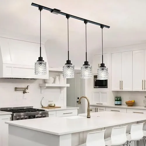 MELUCEE 4 Pack H-Type Track Pendant Light Black Track Ceiling Light Hanging with Hammered Glass Shade, 39.4 Inches H Type Track Lighting Rail and H Track Floating Canopy Connector Included