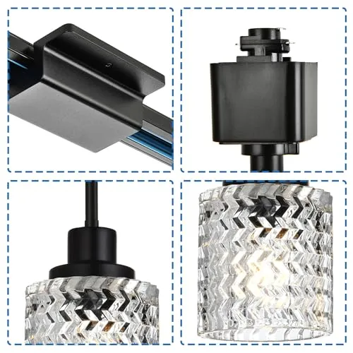 MELUCEE 4 Pack H-Type Track Pendant Light Black Track Ceiling Light Hanging with Hammered Glass Shade, 39.4 Inches H Type Track Lighting Rail and H Track Floating Canopy Connector Included