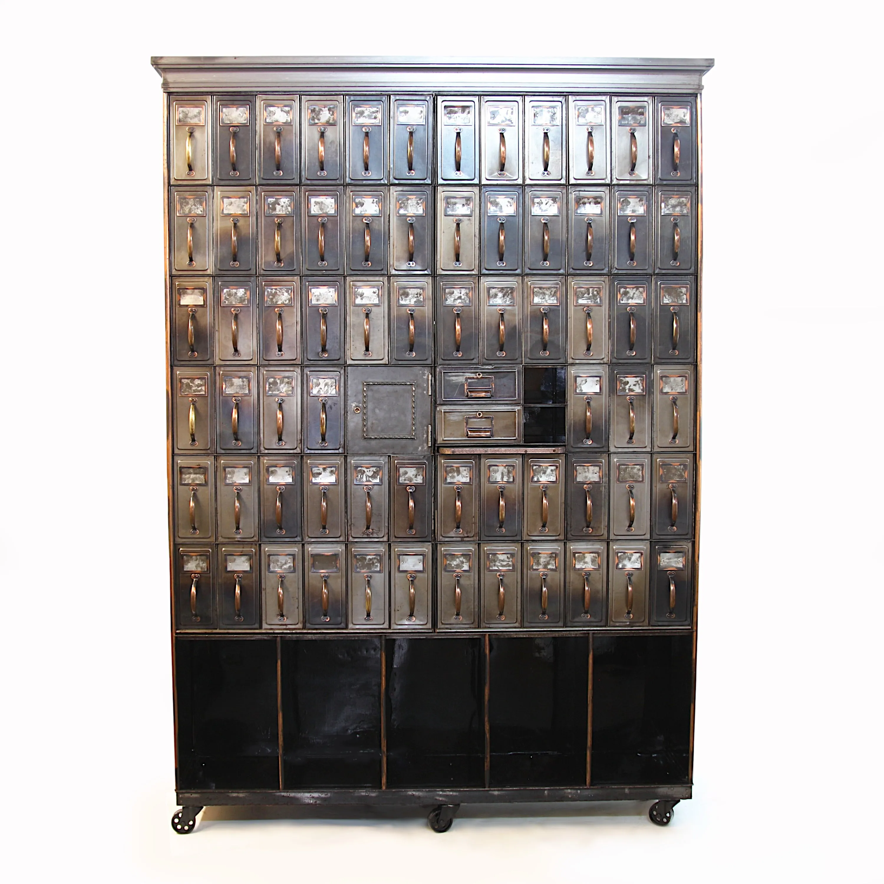 Monumental 1905 Vintage Industrial Raw Steel Court House File Cabinet Wall-Unit