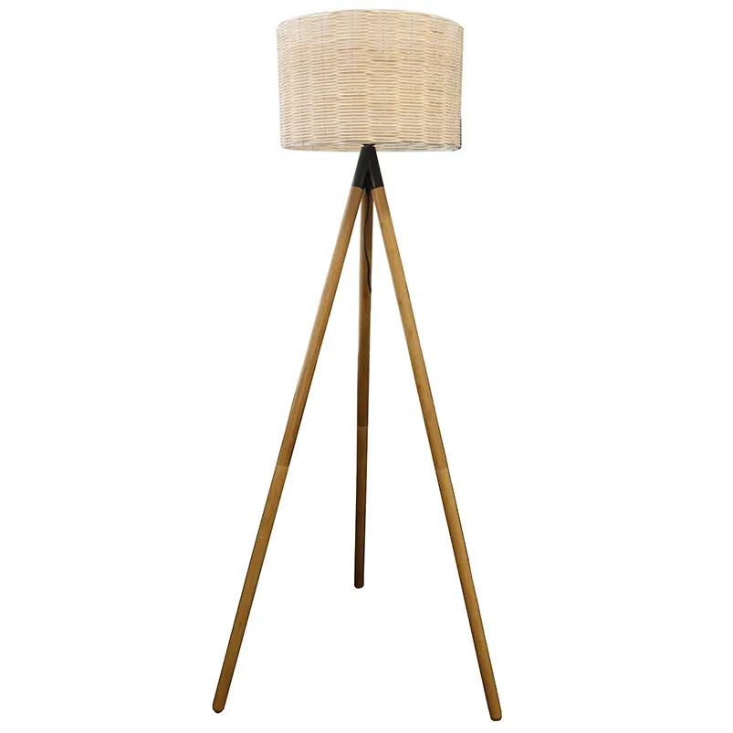 Natural Rattan & Wood Tripod Floor Lamp Light