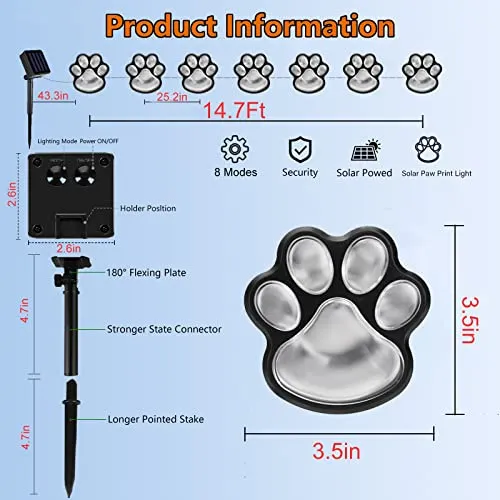 Paw Print Solar Lights – Solar String Lights Outdoor Waterproof LED (Set of 8), Dog Cat Decorative Lamp, Pet Print Path Lights, Vibrant Garden Solar Lights, Gifts for Pet Lovers(Cool White Paw Print)