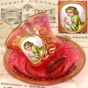 Rare Antique Moser Cranberry Glass Tea Cup & Saucer, Hand Painted Portrait of Child with Flowers