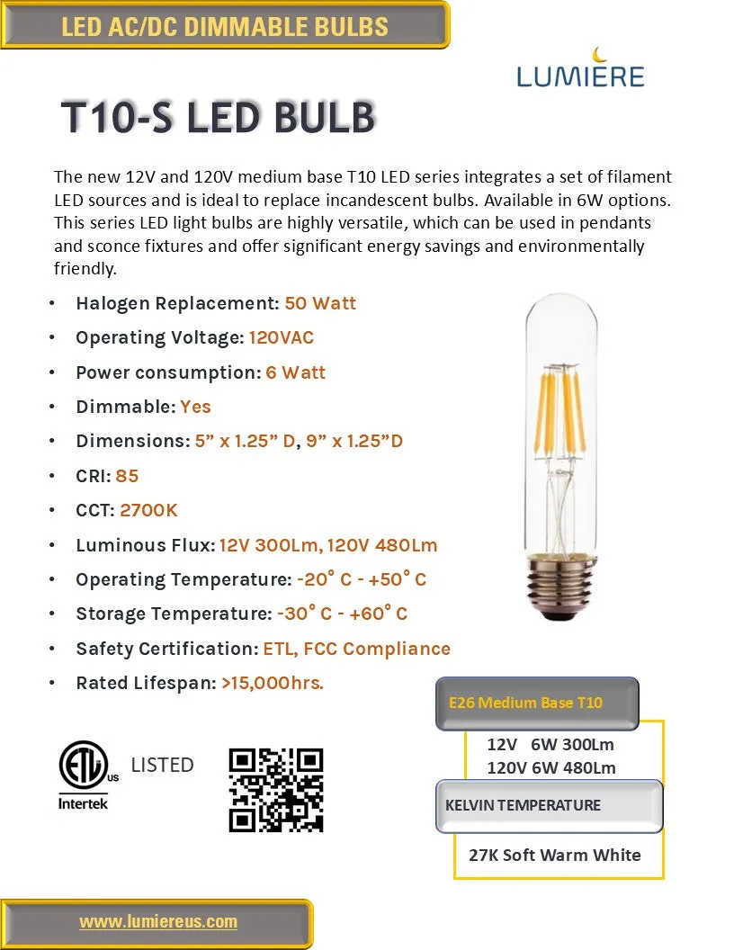 T10 12V Low Voltage E26 Medium Base LED Bulb Dimmable 2700K Soft Warm White