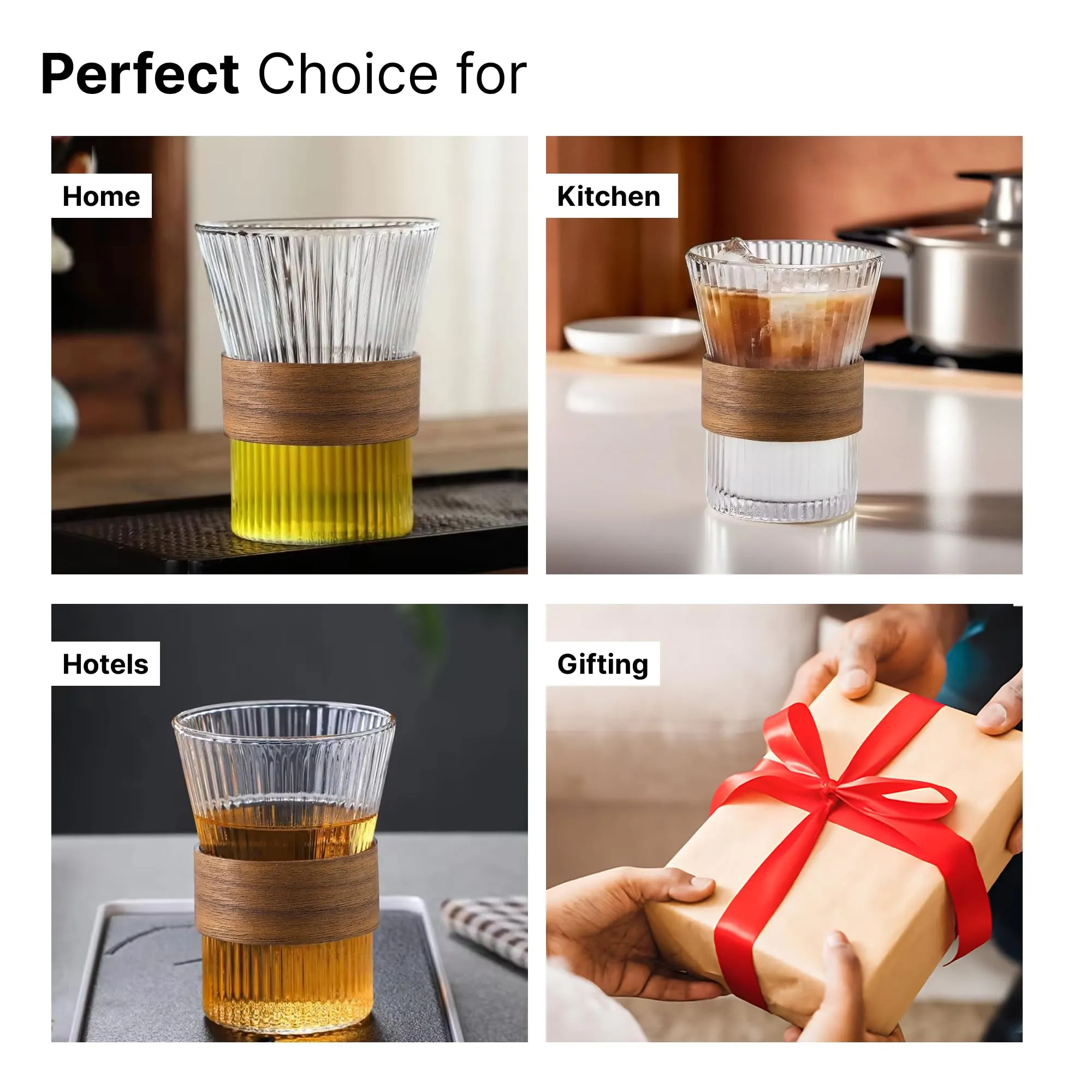 The Better Home Glass Tea and Coffee Mugs | 280ml Each | Pack of 4 | House Warming Gifts| Tea Cup Set | Lead-Free Glass Cups with Anti Slip Wooden Sleeves for Hot & Cold Beverages | Mugs for Coffee