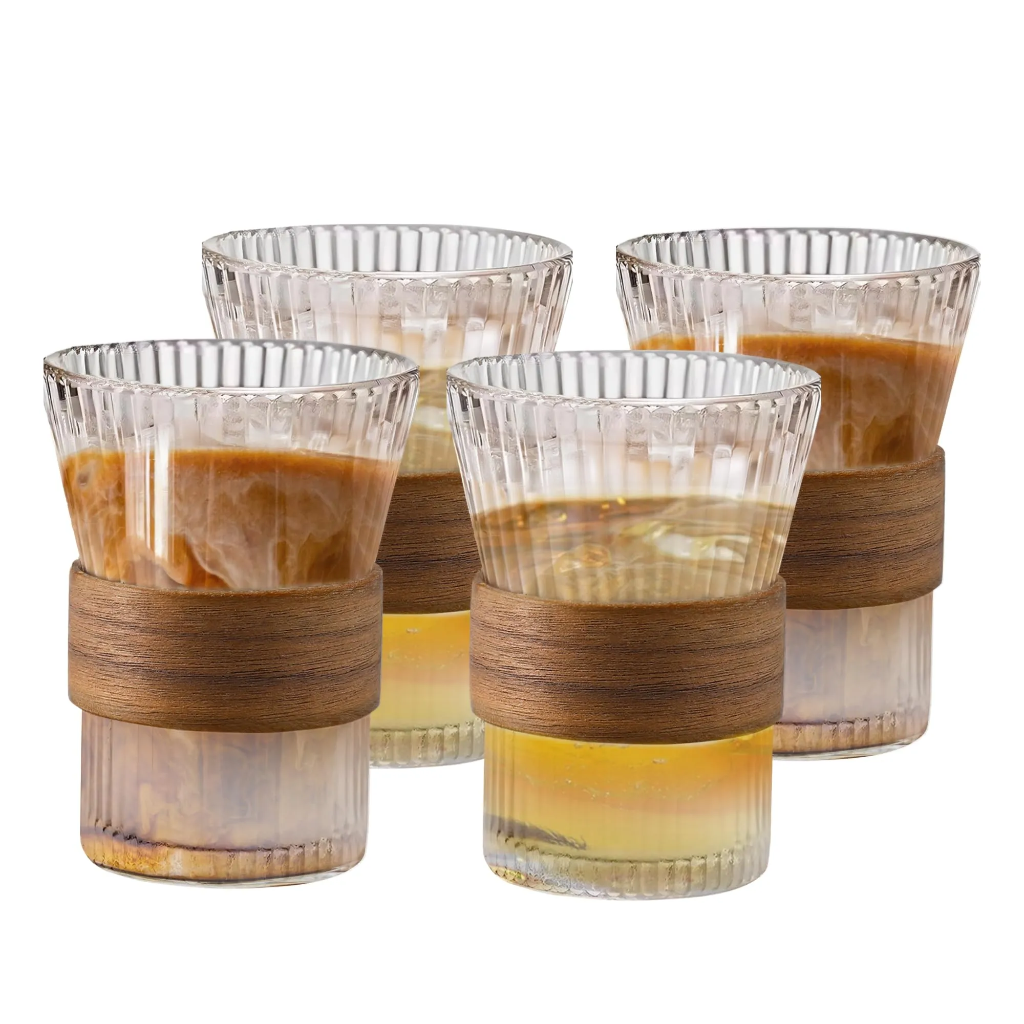 The Better Home Glass Tea and Coffee Mugs | 280ml Each | Pack of 4 | House Warming Gifts| Tea Cup Set | Lead-Free Glass Cups with Anti Slip Wooden Sleeves for Hot & Cold Beverages | Mugs for Coffee